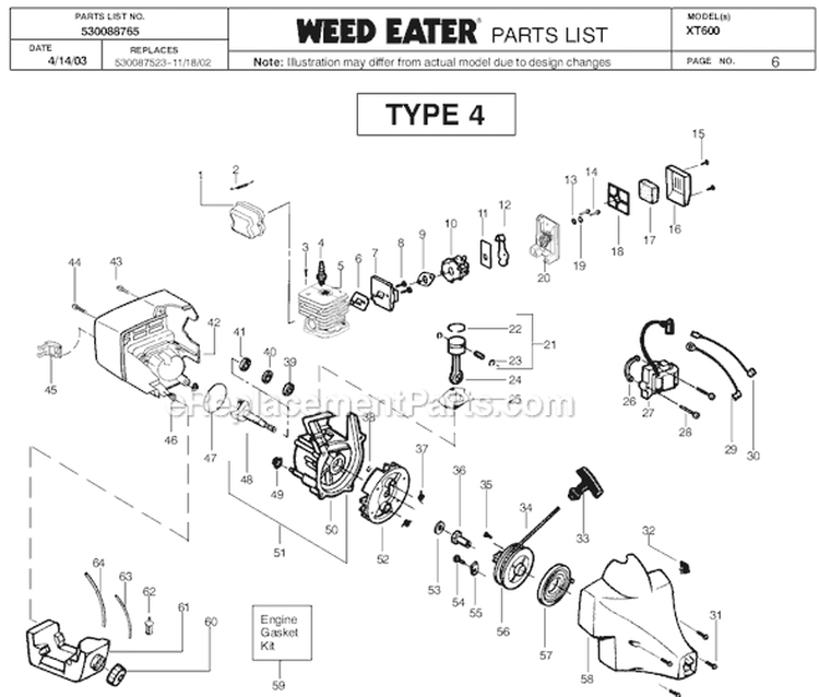 Page F Diagram and Parts List for XT600 Type 6 Weed Eater Trimmer